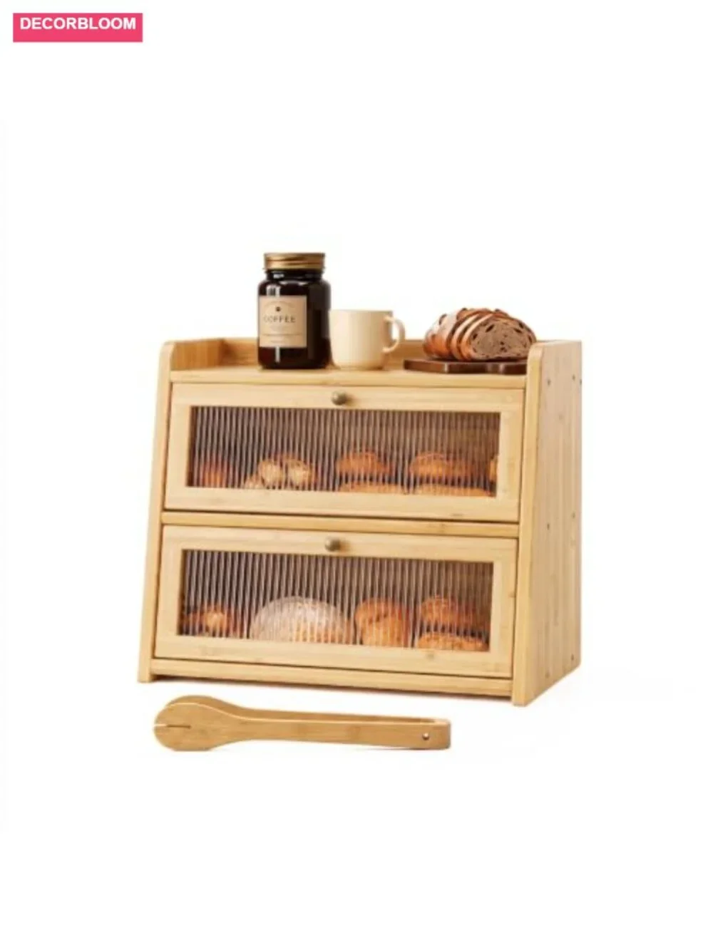 Double Layer Bamboo Bread Box with Window for Countertop